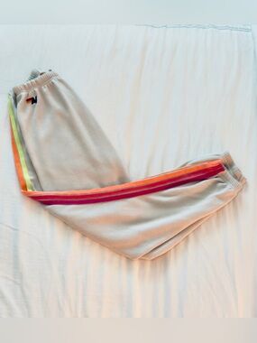 Aviator Nation Beige Sweatpants with Neon Rainbow Side Stripes
